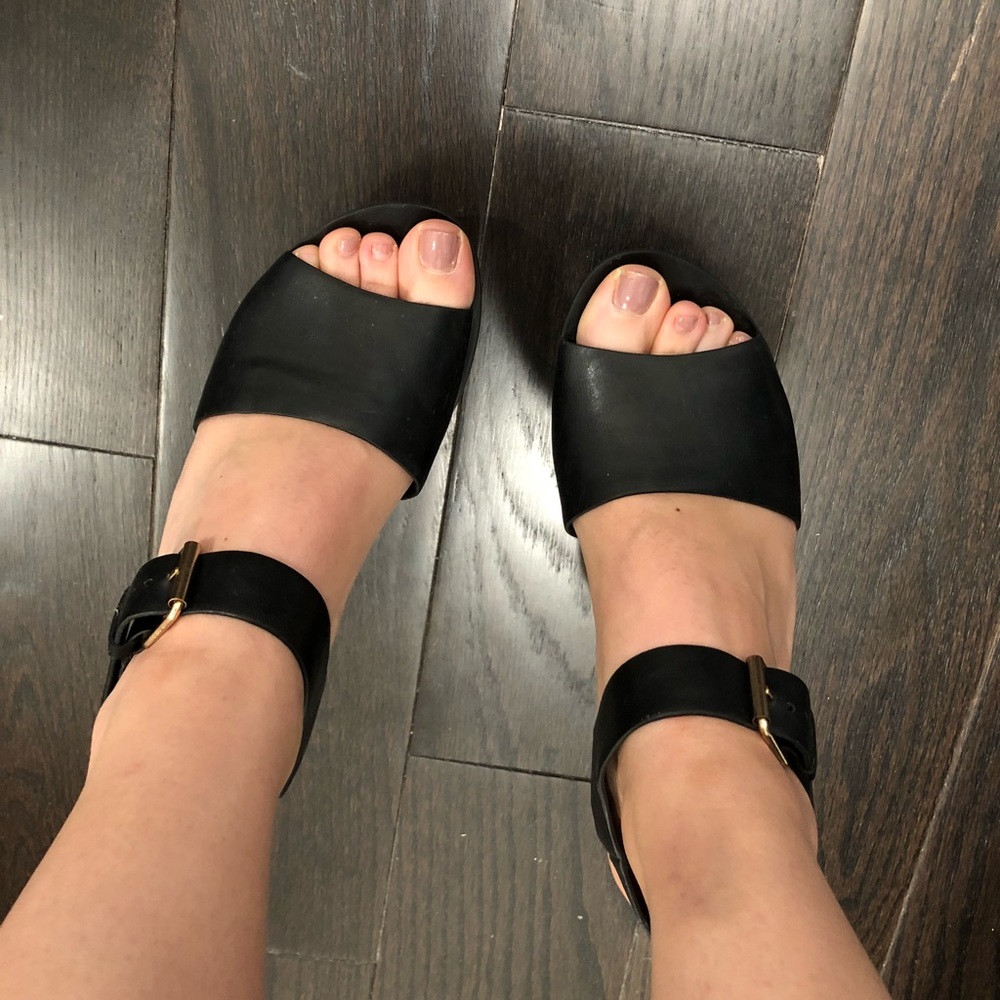 Topshop faux leather buckle wedges